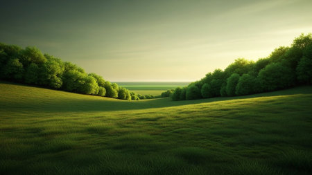 Beautiful landscape with green meadow and trees in the evening.の素材