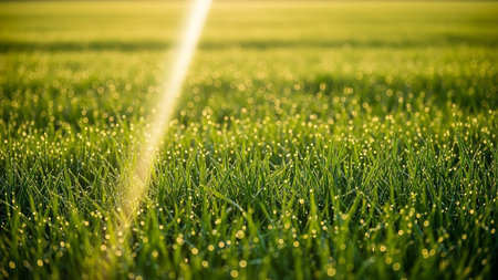 Morning dew on the green grass in the rays of the sunの素材