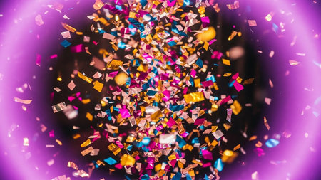 abstract background with bokeh defocused lights and colorful confettiの素材