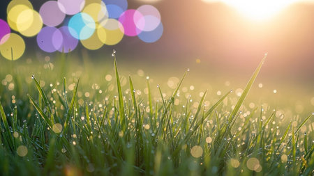 Fresh green grass with dew drops and bokeh light backgroundの素材