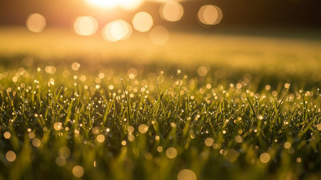 Green grass with dew drops in the light of the setting sunの素材