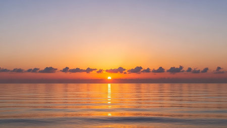 Beautiful sunset over the sea with clouds and sky reflected in waterの素材