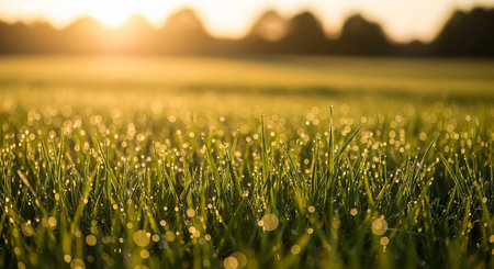 Morning dew on the green grass, shallow depth of field.の素材