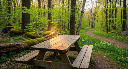 Wooden table and benches in the forest. Beautiful spring landscape.の素材
