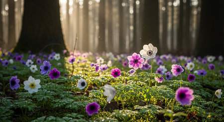 Anemone flowers blooming in the forest in the early morningの素材