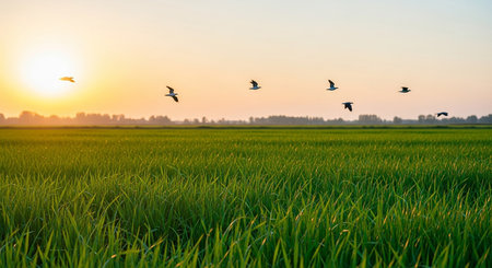 Flock of seagulls flying over a green rice field at sunsetの素材