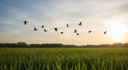 A flock of geese flying over a green meadow at sunsetの素材