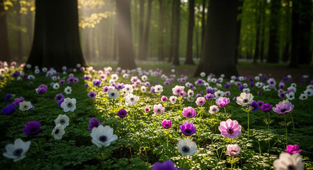 Anemone flowers in the forest at sunset. Springtime.の素材