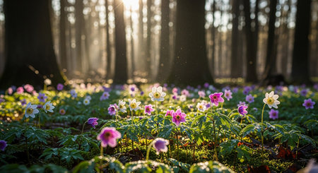Anemone nemorosa flowers in the forest at sunrise.の素材