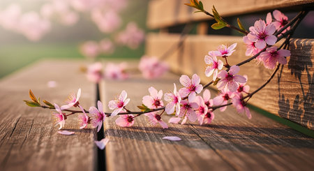 cherry blossom branch on wooden table in garden, selective focusの素材