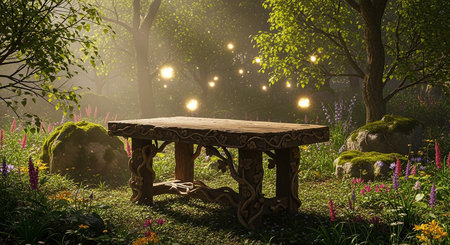 Wooden table in the garden in the fog. 3d renderの素材
