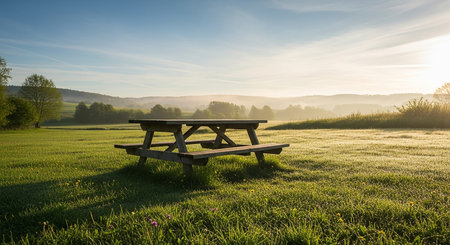 picnic table and benches on a meadow in the early morningの素材