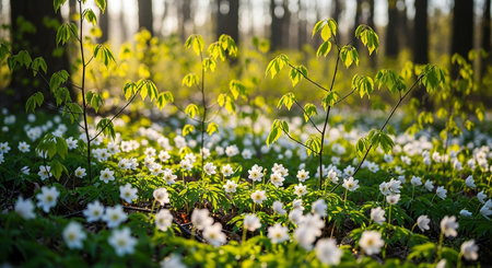 Anemone nemorosa in the forest at sunrise. Early spring.の素材
