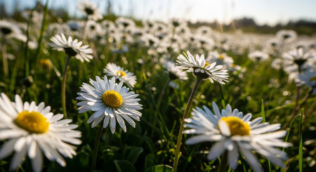 White daisies in a meadow on a sunny day.の素材