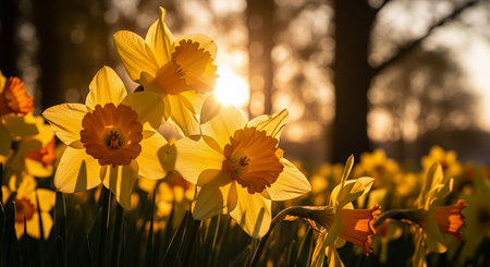 Yellow daffodils in the morning sunlight. Spring flowers.の素材