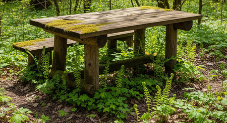 Wooden table and benches in the forest with moss and fernsの素材