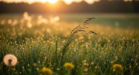 Sunset on the meadow with dandelions and dew dropsの素材