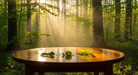 Wooden table in the green forest with sun rays coming through the treesの素材