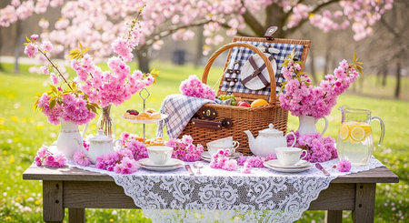 Picnic in the park on a sunny spring day. Picnic basket, tea, cakes, croissants and flowersの素材