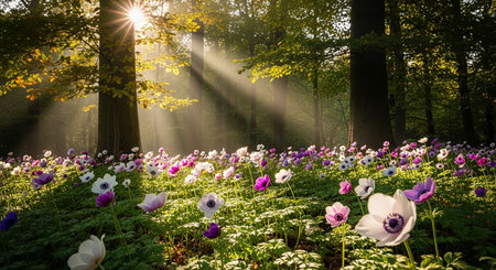 Anemone flowers in the forest with sunbeams and lens flareの素材