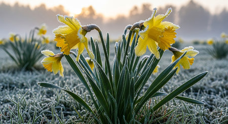 Daffodils on a frosty morning in the Netherlands.の素材