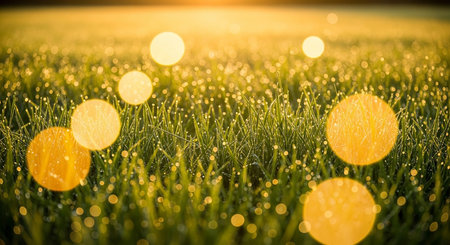 Green grass with dew drops and bokeh lights. Natural background.の素材
