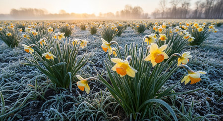 Daffodils on a frosty field at sunrise in winterの素材