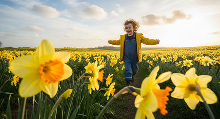 Cute little boy running in daffodils field at sunsetの素材
