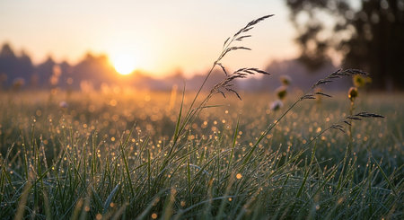 Morning dew on grass in the meadow. Nature background.の素材