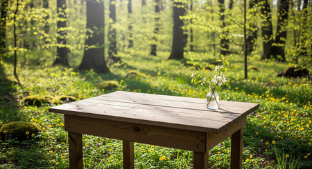 Wooden table in the forest with spring flowers and green grass.の素材