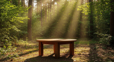 Wooden table in the forest with sun rays shining through the treesの素材