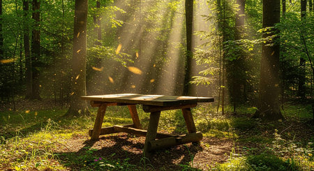Wooden picnic table in the forest with sun rays shining through the treesの素材