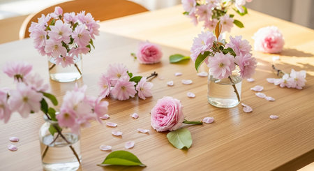 Beautiful pink sakura flowers in vase on wooden table.の素材