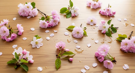 cherry blossom on wooden table. cherry blossoms closeupの素材
