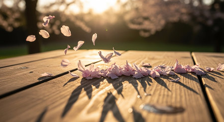 Cherry blossom petals on a wooden table in the gardenの素材