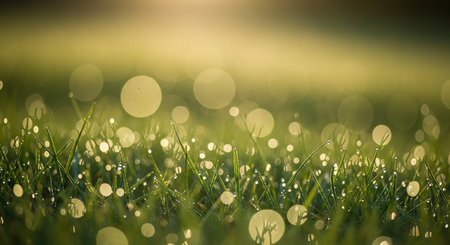 Green grass with dew drops and bokeh light background.の素材