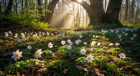 Anemone nemorosa in the forest at sunrise in springの素材