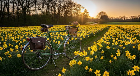 Bicycle in daffodils field at sunset in springtimeの素材