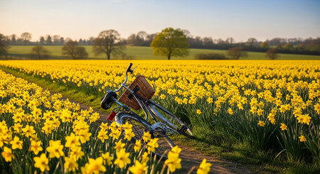 Bicycle in daffodil field in springtime, Netherlandsの素材