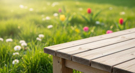 Wooden bench in the garden with blooming tulips and daisiesの素材