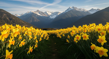 Daffodil field in front of the snow-capped mountainsの素材