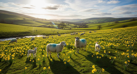Sheep and daffodils in spring, England, UKの素材