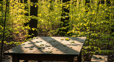 Wooden table in the forest with green leaves and sunbeamsの素材
