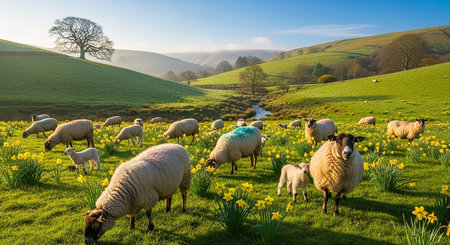 Flock of sheep grazing in a meadow with daffodilsの素材