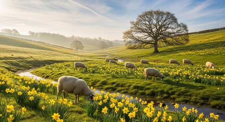 Sheep and daffodils in a meadow at sunriseの素材
