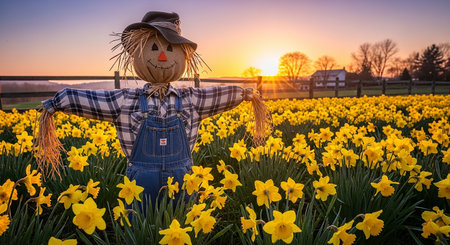 A scarecrow in a field of daffodils at sunsetの素材