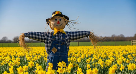 A scarecrow standing in a field of daffodils.の素材