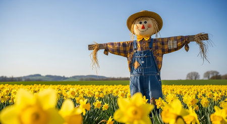 Cute scarecrow standing in a field of daffodilsの素材