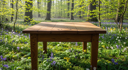 Wooden table in spring forest with bluebells and crocusesの素材