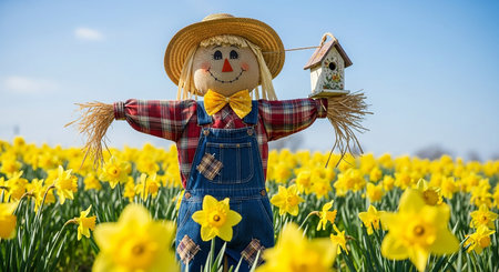 Cute scarecrow in daffodil field with birdhouseの素材
